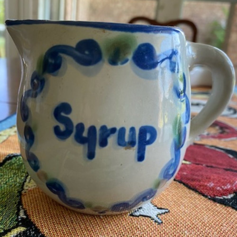Vintage * MA HADLEY signed SYRUP PITCHER * Tapping Tree design * Blue & White